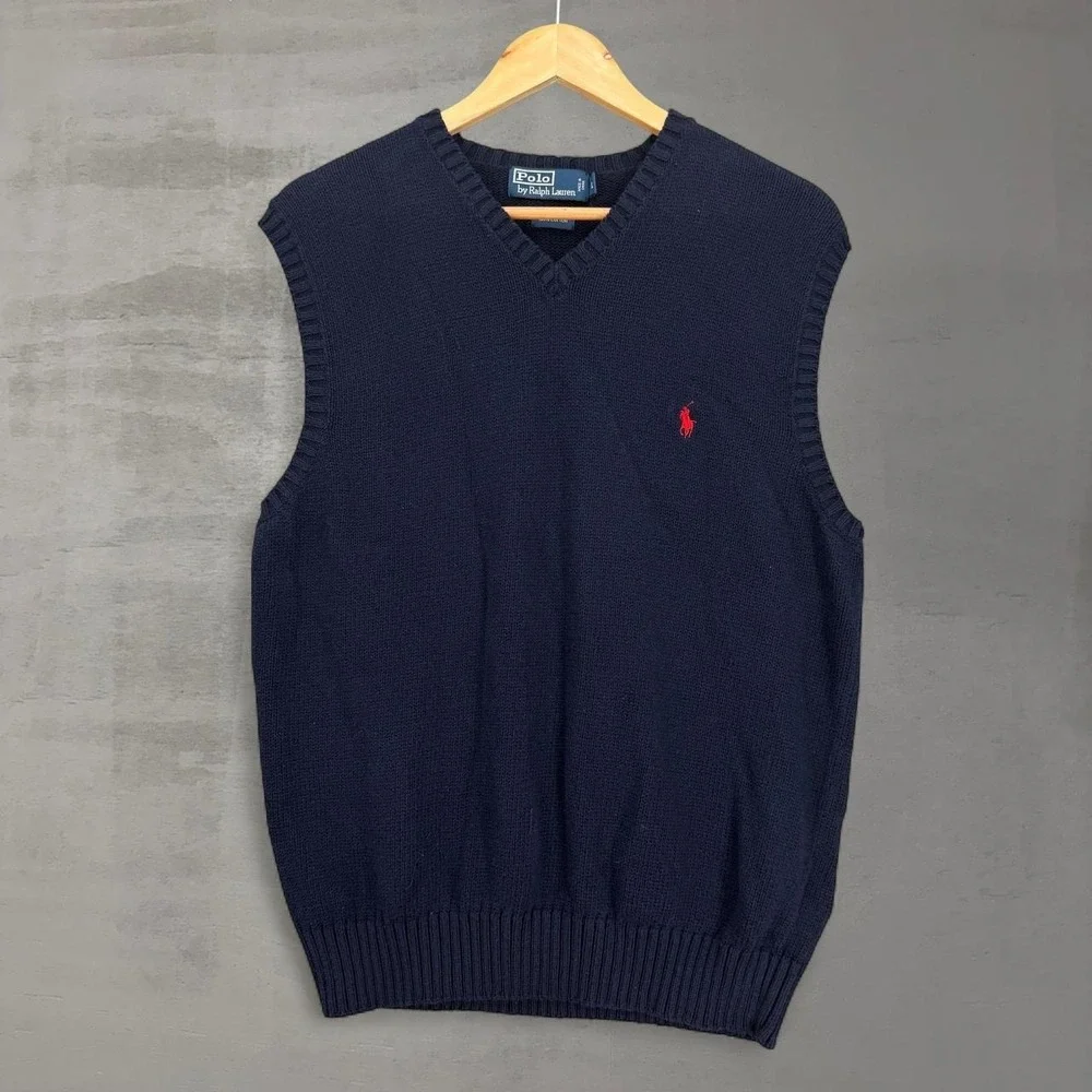 Polo Ralph Lauren Chunky‎ Sweater Vest Navy Blue Cotton V-Neck Red Pony Large